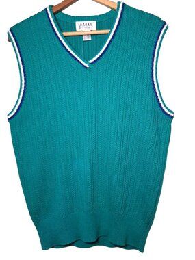 Vintage 1990s La Mode Sweater Vest L Teal Combed Cotton Academia Preppy V Neck